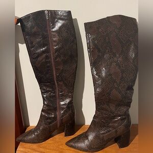 Marc Fisher Asymmetrical Retie Brown Snakeskin Knee-High Boots Size 10